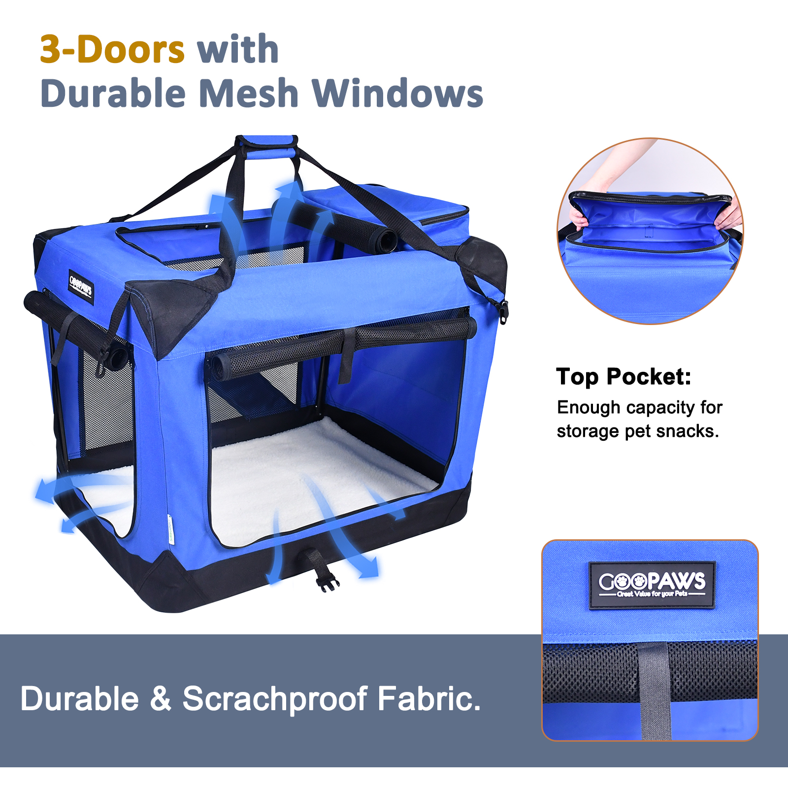 Jespet Indoor & Outdoor 3-Door Collapsible Soft-Sided Dog, Cat & Small Pet Crate, Blue, 36'' - Image 4