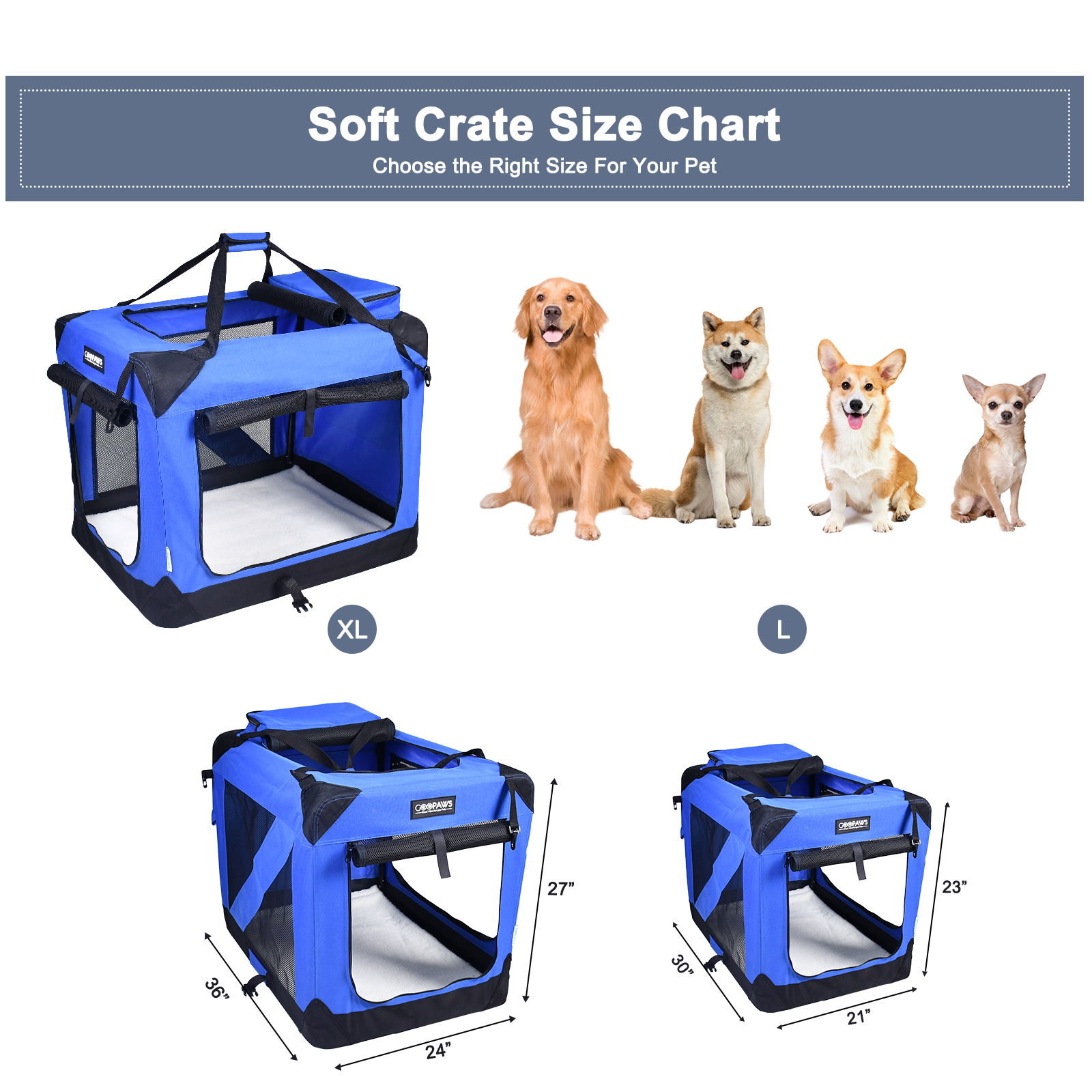 Jespet Indoor & Outdoor 3-Door Collapsible Soft-Sided Dog, Cat & Small Pet Crate, Blue, 36'' - Image 3