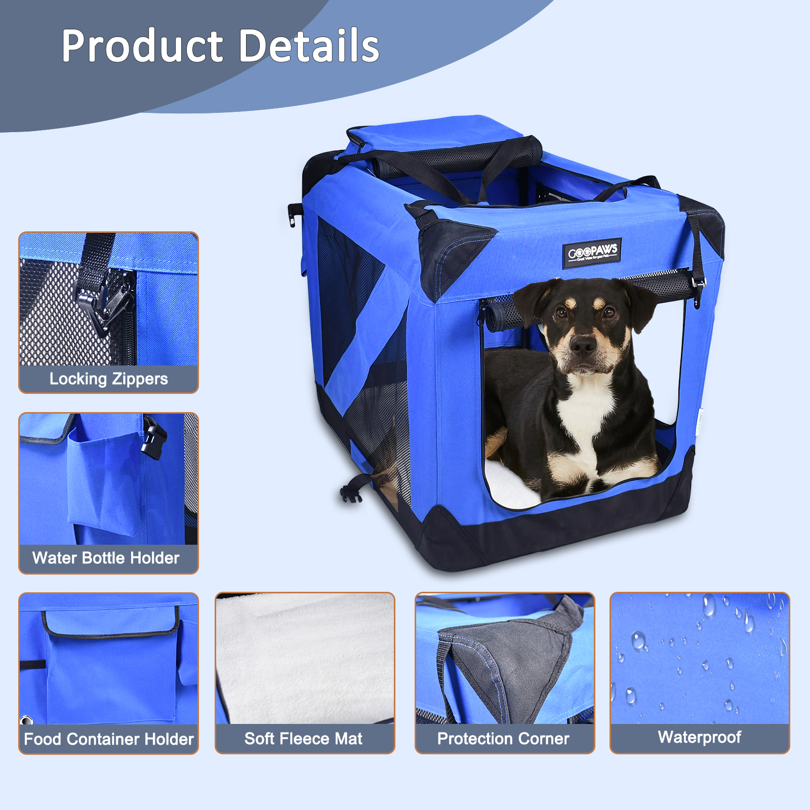 Jespet Indoor & Outdoor 3-Door Collapsible Soft-Sided Dog, Cat & Small Pet Crate, Blue, 36'' - Image 2