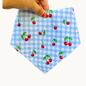 Light blue and white gingham with red cherries handmade dog bandana held in hand on a cream background.