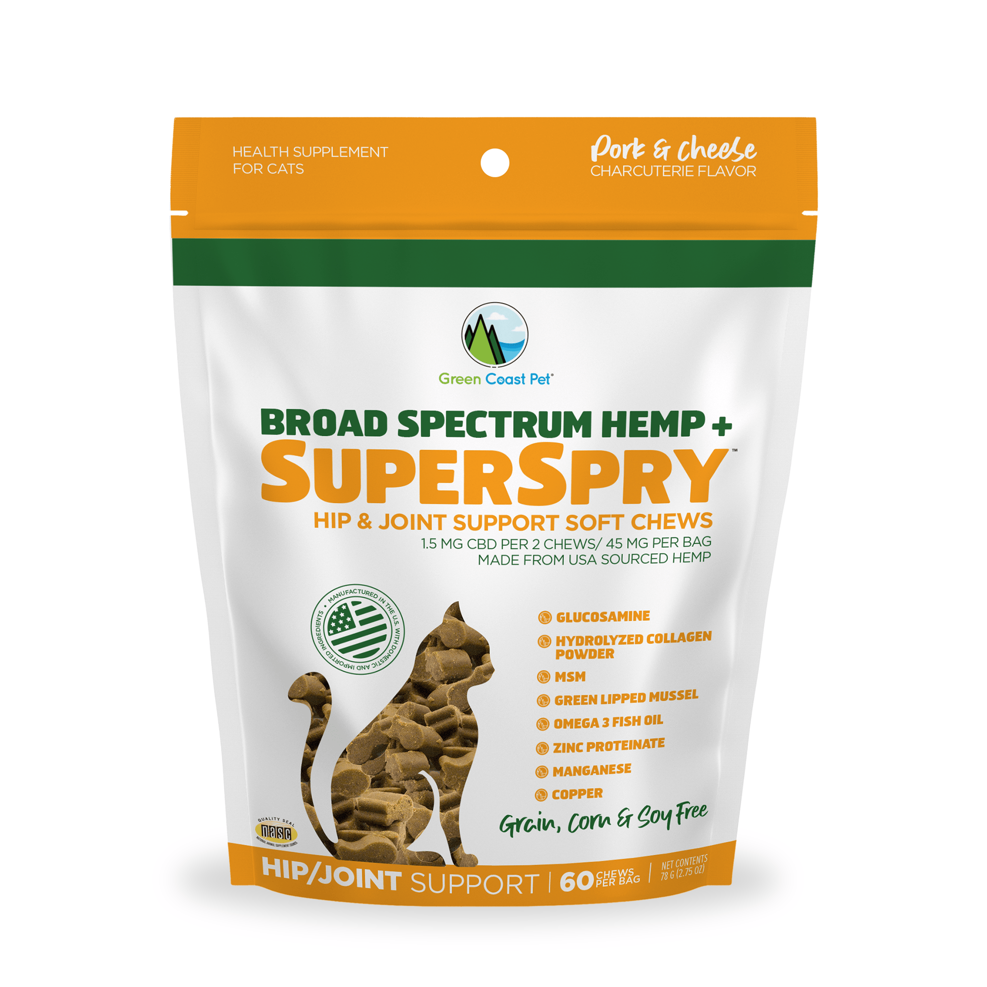 Package of Green Coast Pet Broad Spectrum Hemp + Superspry soft chews for cats