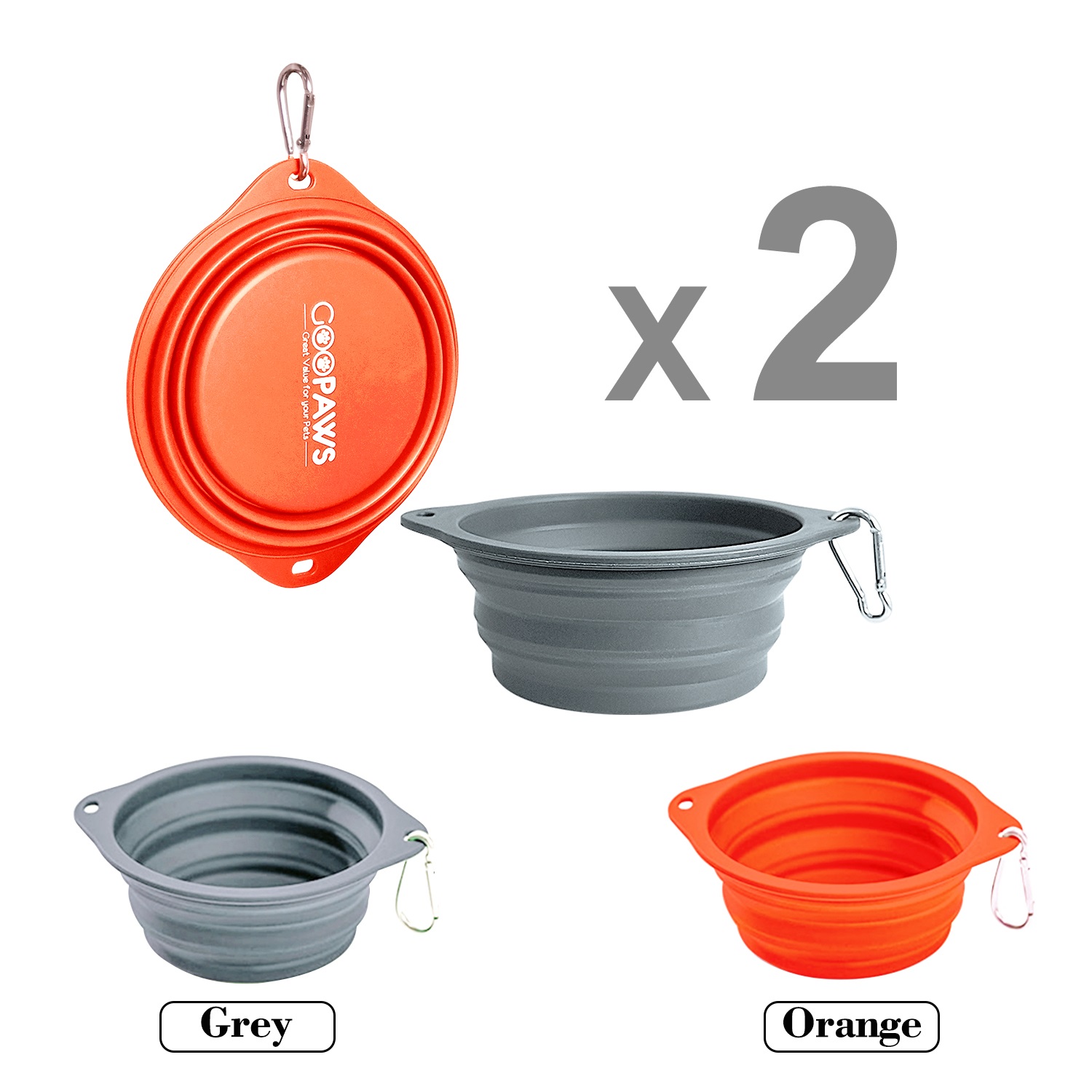 GOOPAWS 2 Pack Silicone Non-Skid Travel Dog and Cat Bowl, Orange&Grey
