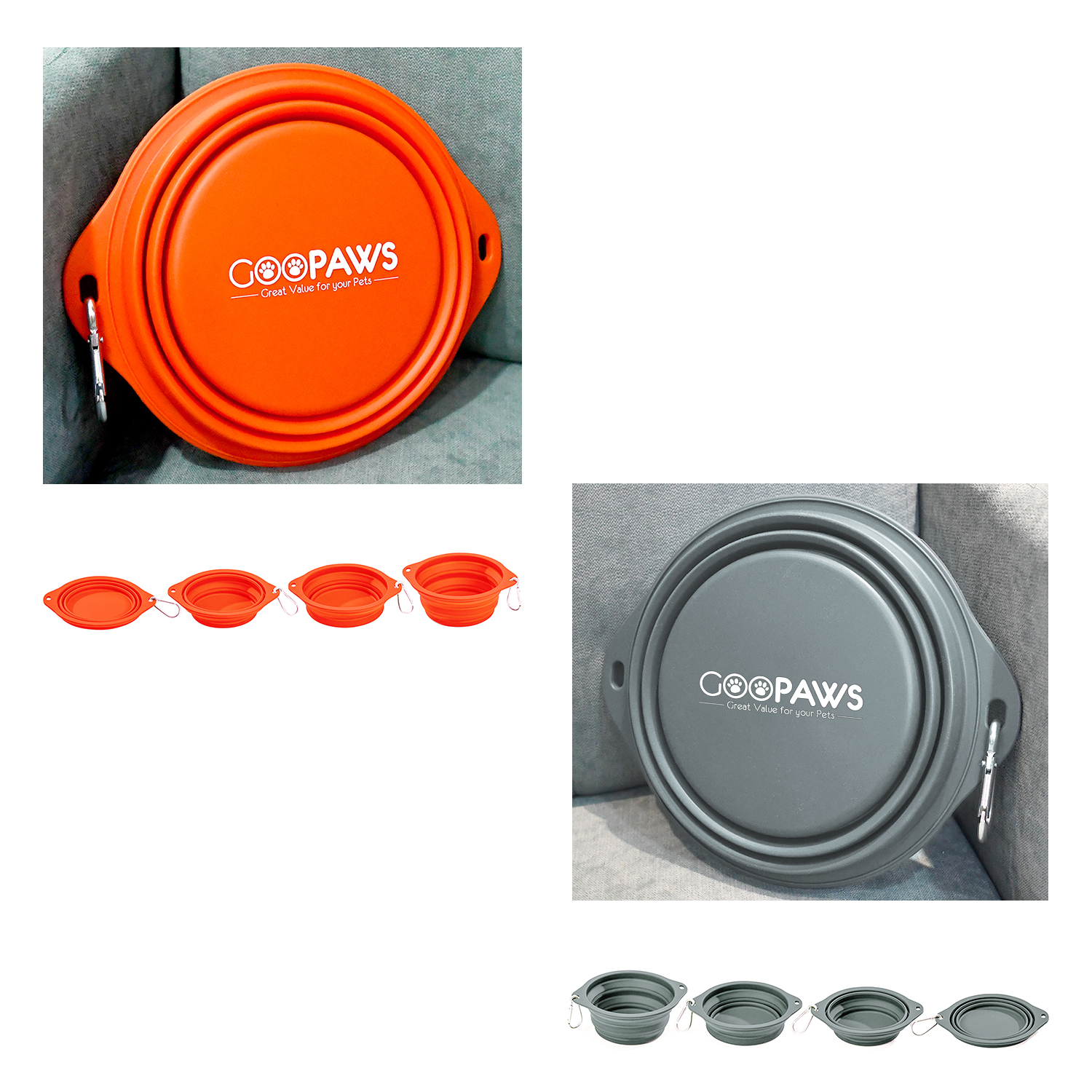 GOOPAWS 2 Pack Silicone Non-Skid Travel Dog and Cat Bowl, Orange&Grey - Image 6