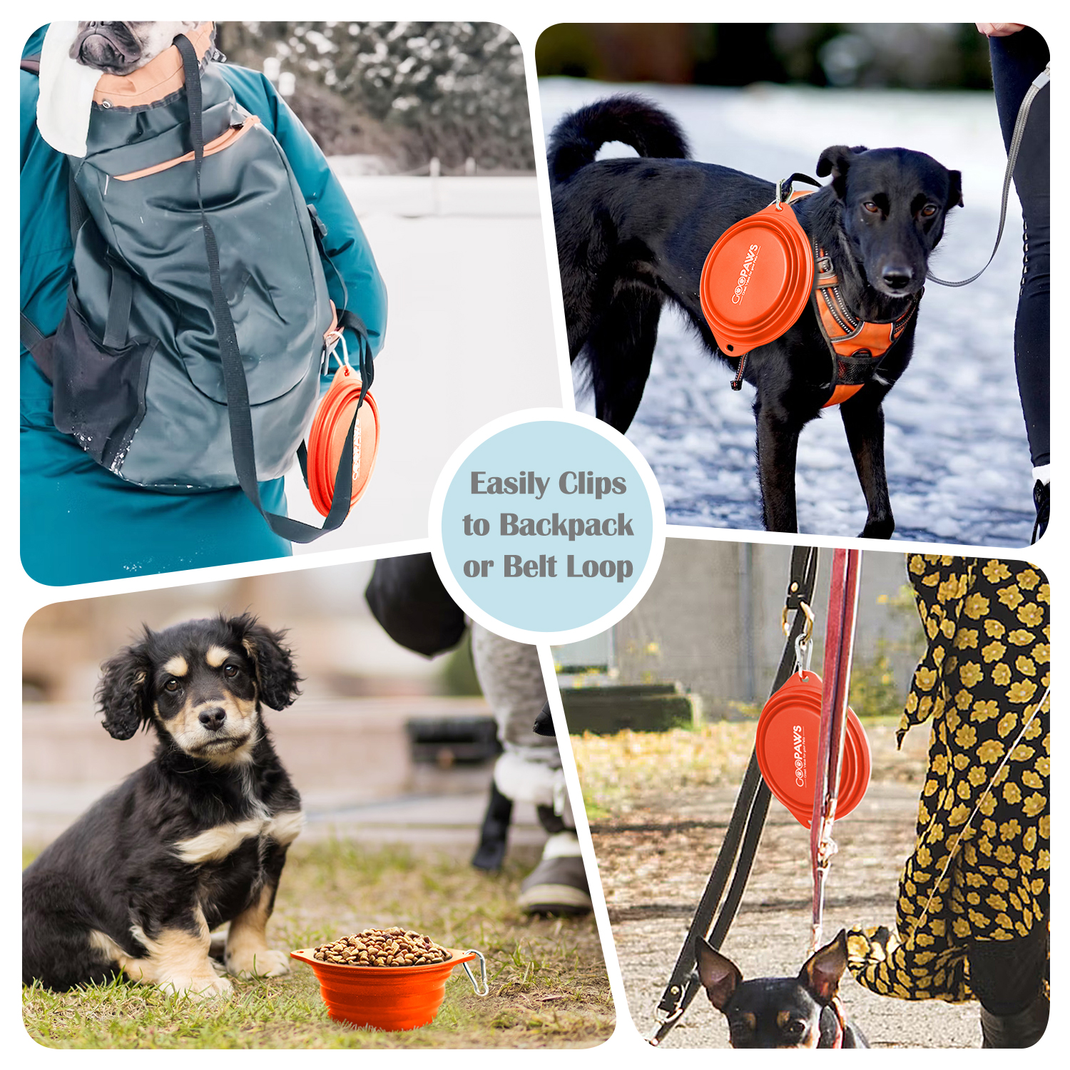 GOOPAWS 2 Pack Silicone Non-Skid Travel Dog and Cat Bowl, Orange&Grey - Image 3