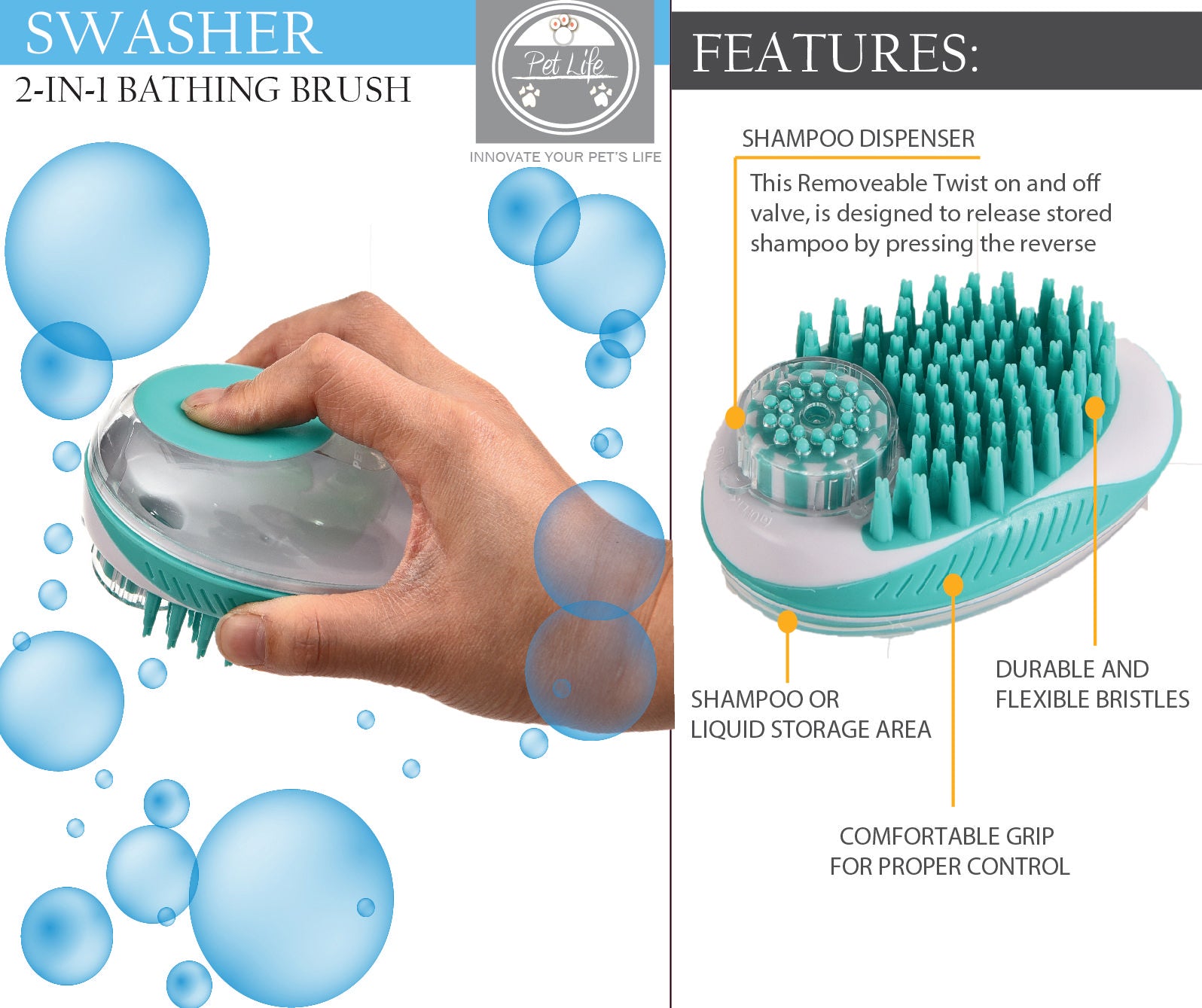 Pet Life ® 'Swasher' Shampoo Dispensing Massage and Bathing Brush - Image 6
