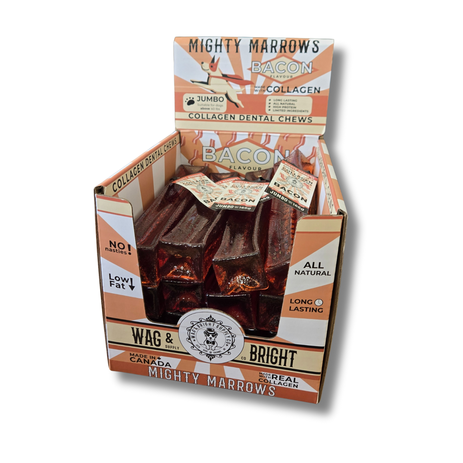 Wag & Bright Supply Co. Mighty Marrows Collagen Dental Chews Bacon Jumbo Case (15 Units)