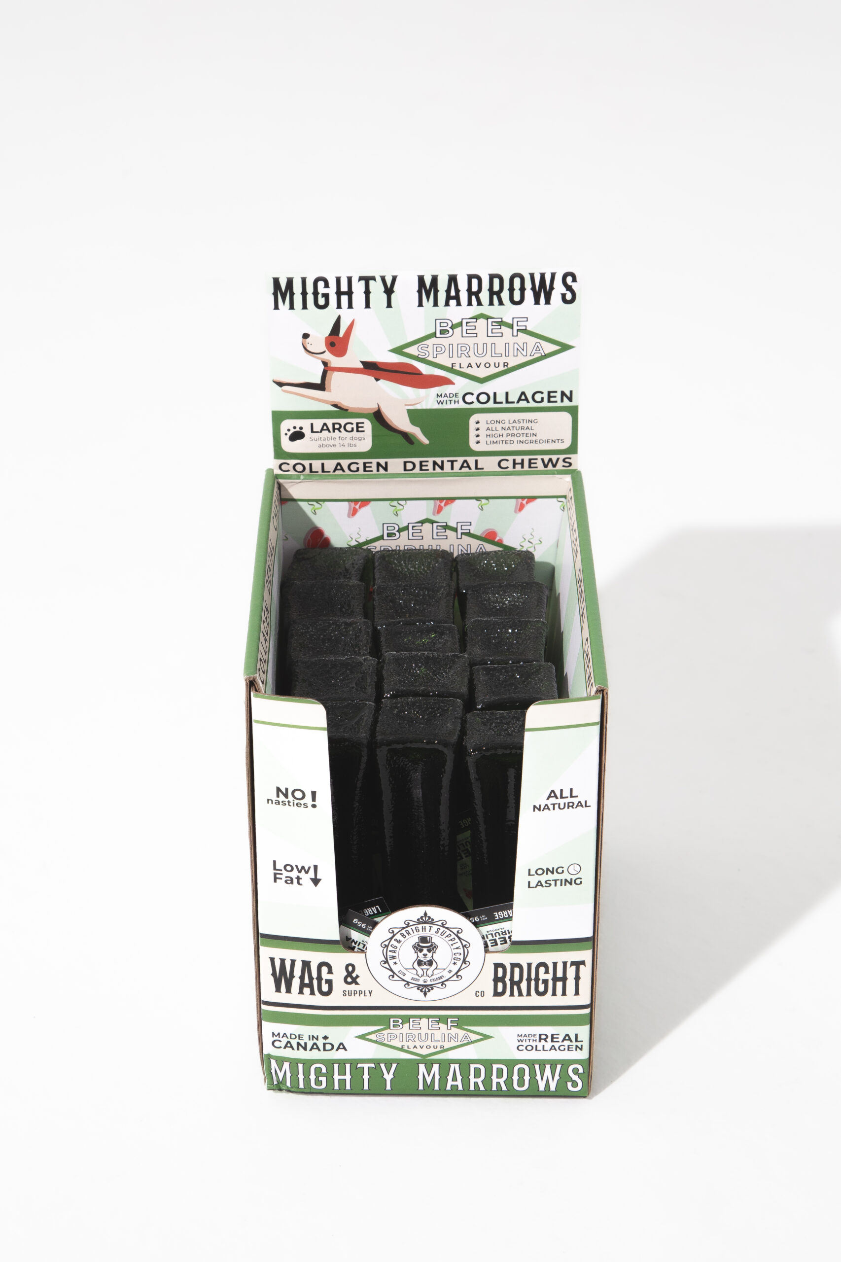 Wag & Bright Supply Co. Mighty Marrows Collagen Dental Chews Spirulina Beef Large Case (18 Units)