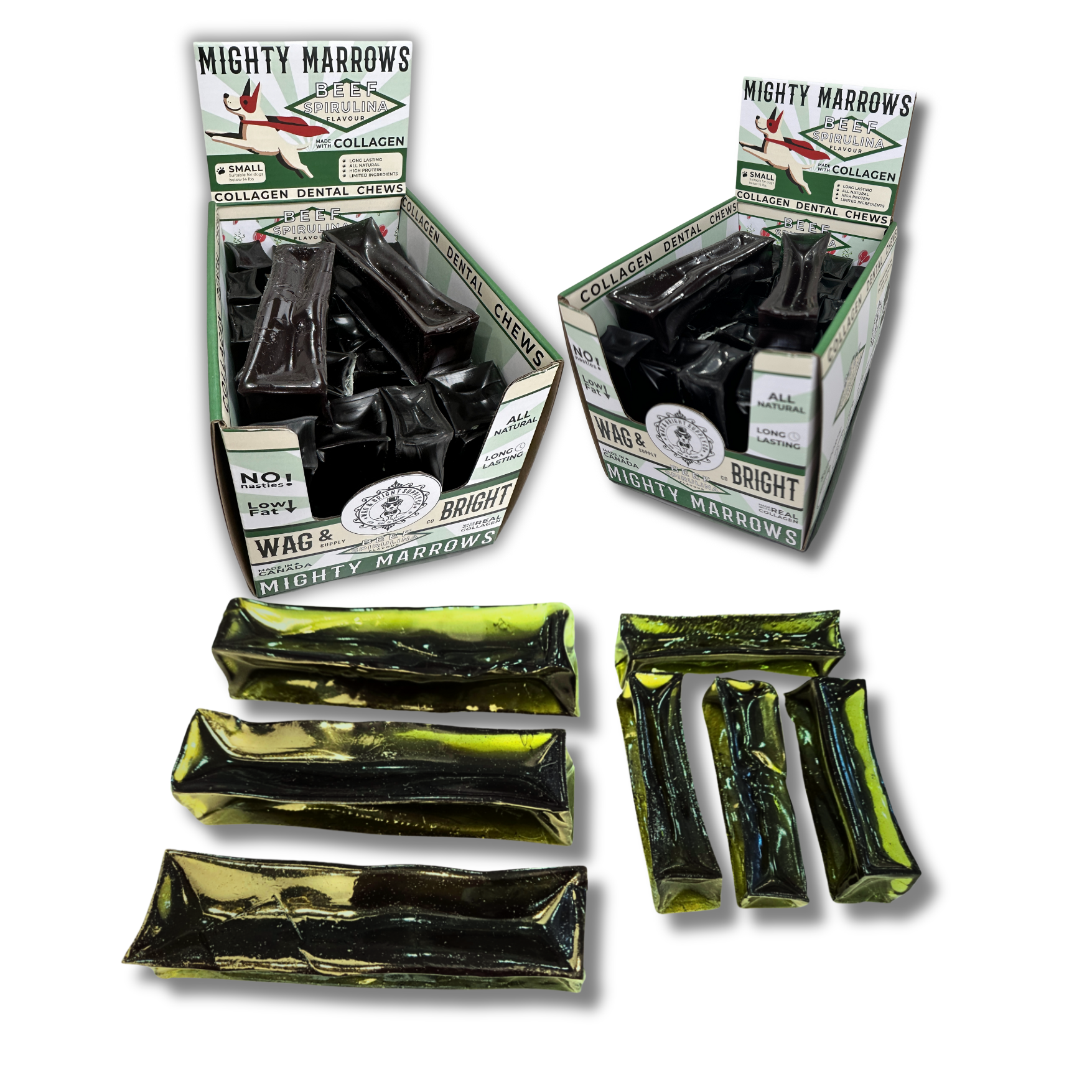 Wag & Bright Supply Co. Mighty Marrows Collagen Dental Chews Spirulina Beef Small Case (24 Units)