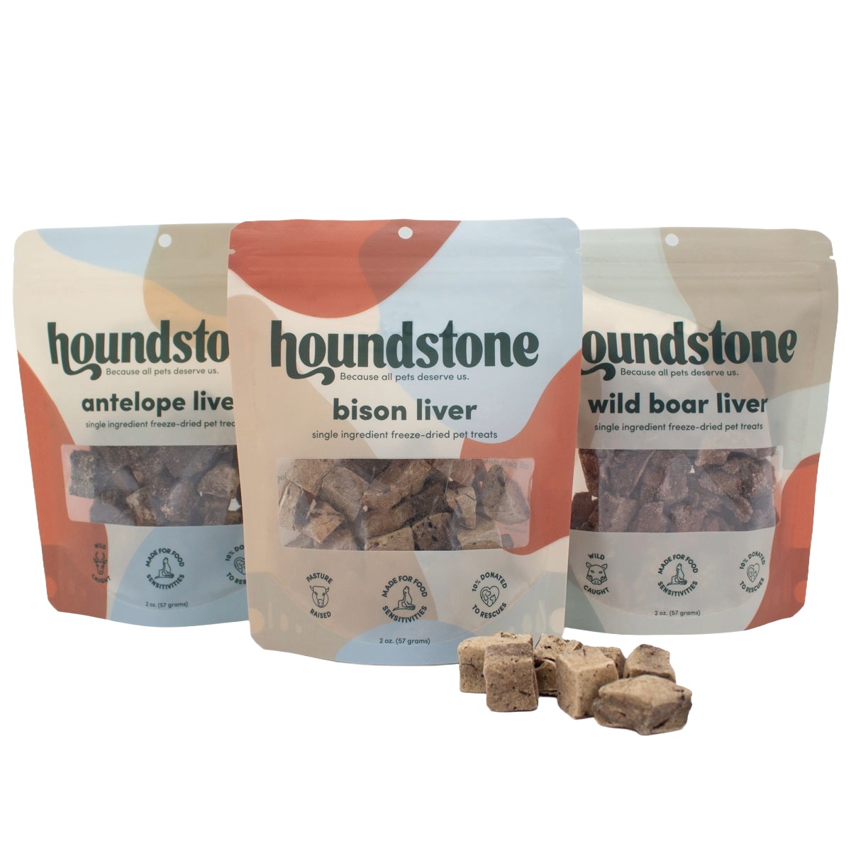 houndstone hypoallergenic dog treats collection with antelope liver, bison liver, and wild boar liver dog treats