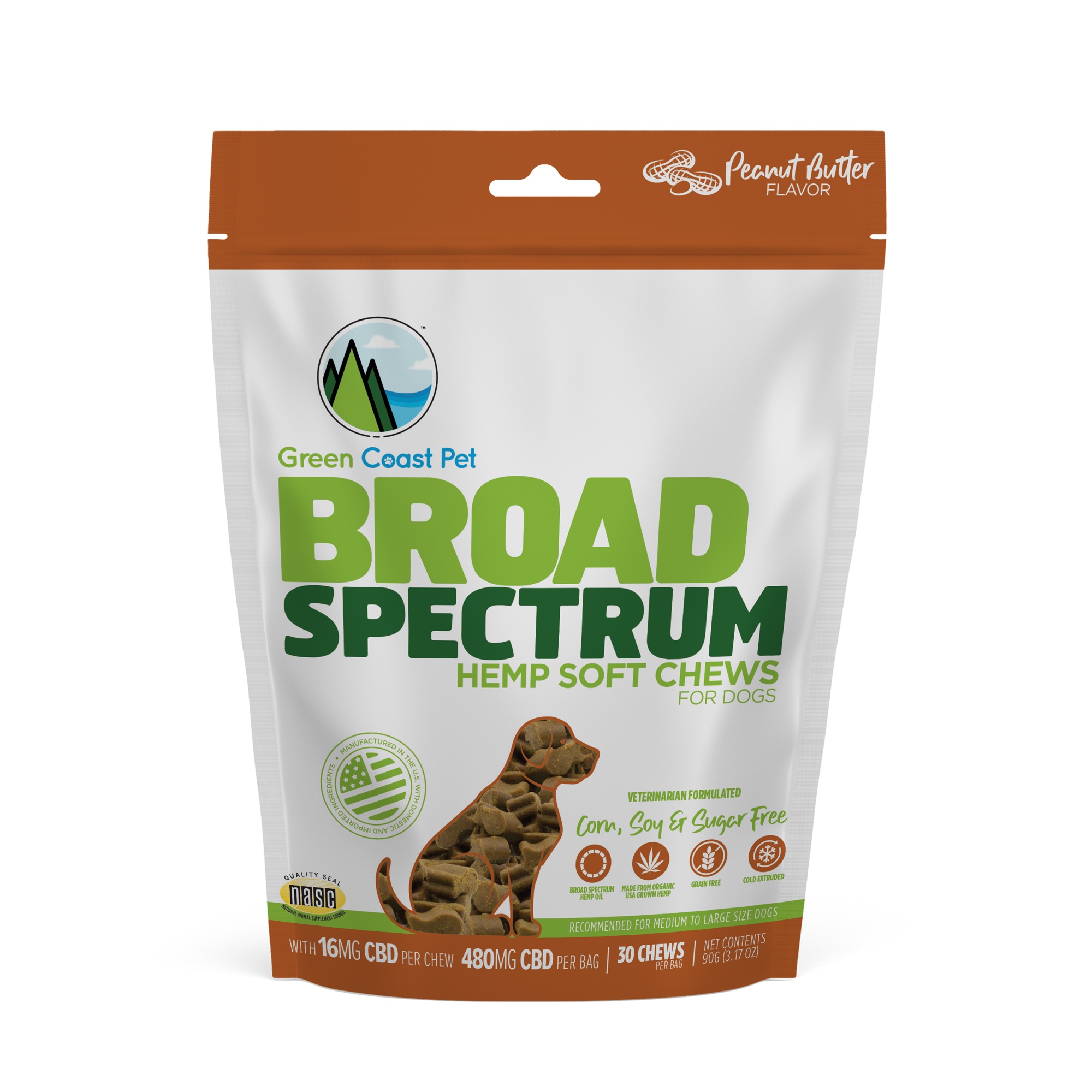 Broad Spectrum Hemp Soft Chews- Peanut Butter Flavor 480 mg (30 Chews)