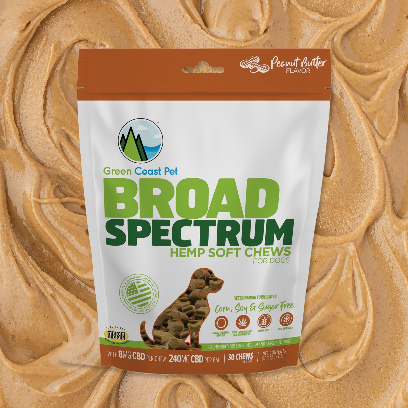 Broad Spectrum Hemp Soft Chews- Peanut Butter Flavor 240 mg (30 Chews)