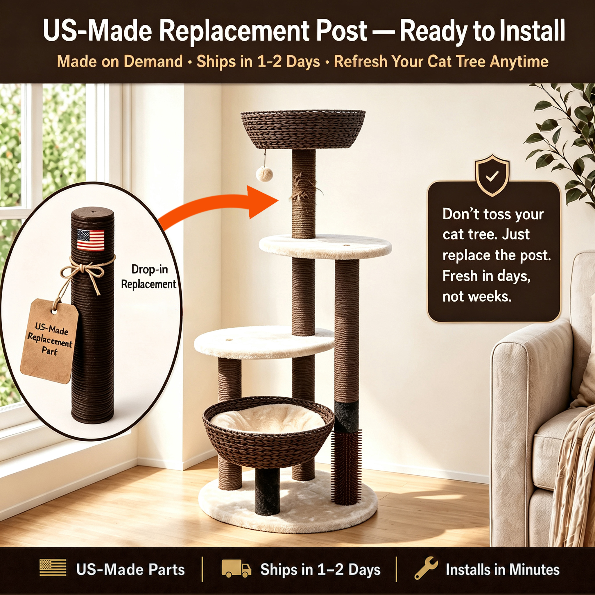 Cat tree displaying its replaceable scratching post.