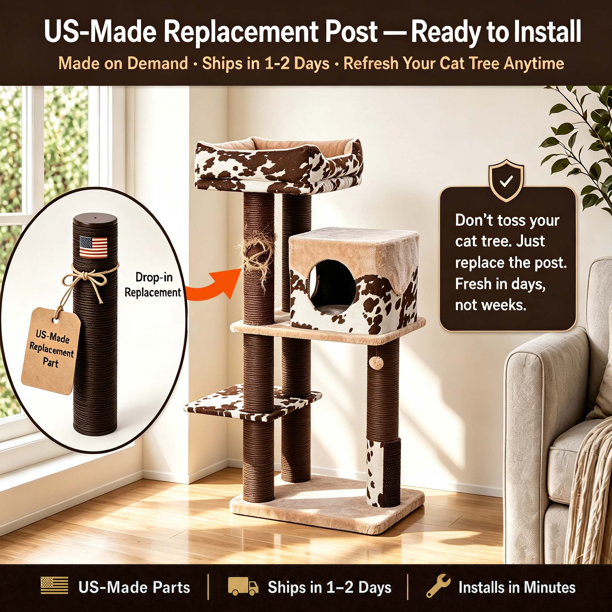 Cat tree displaying its replaceable scratching post.