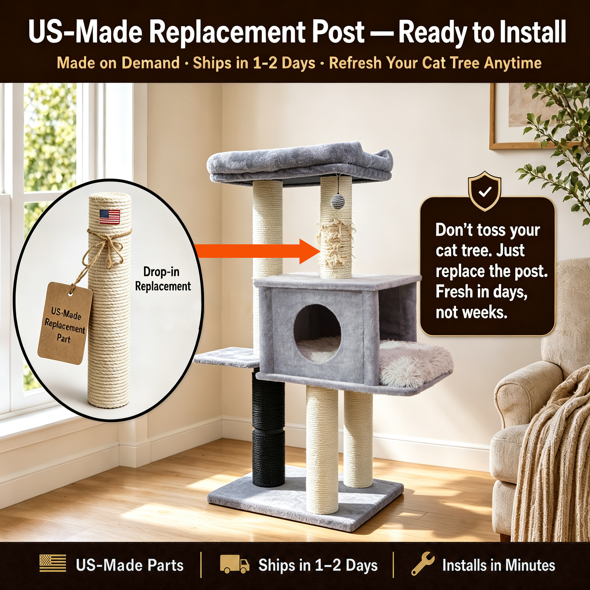 Cat tree displaying its replaceable scratching post.