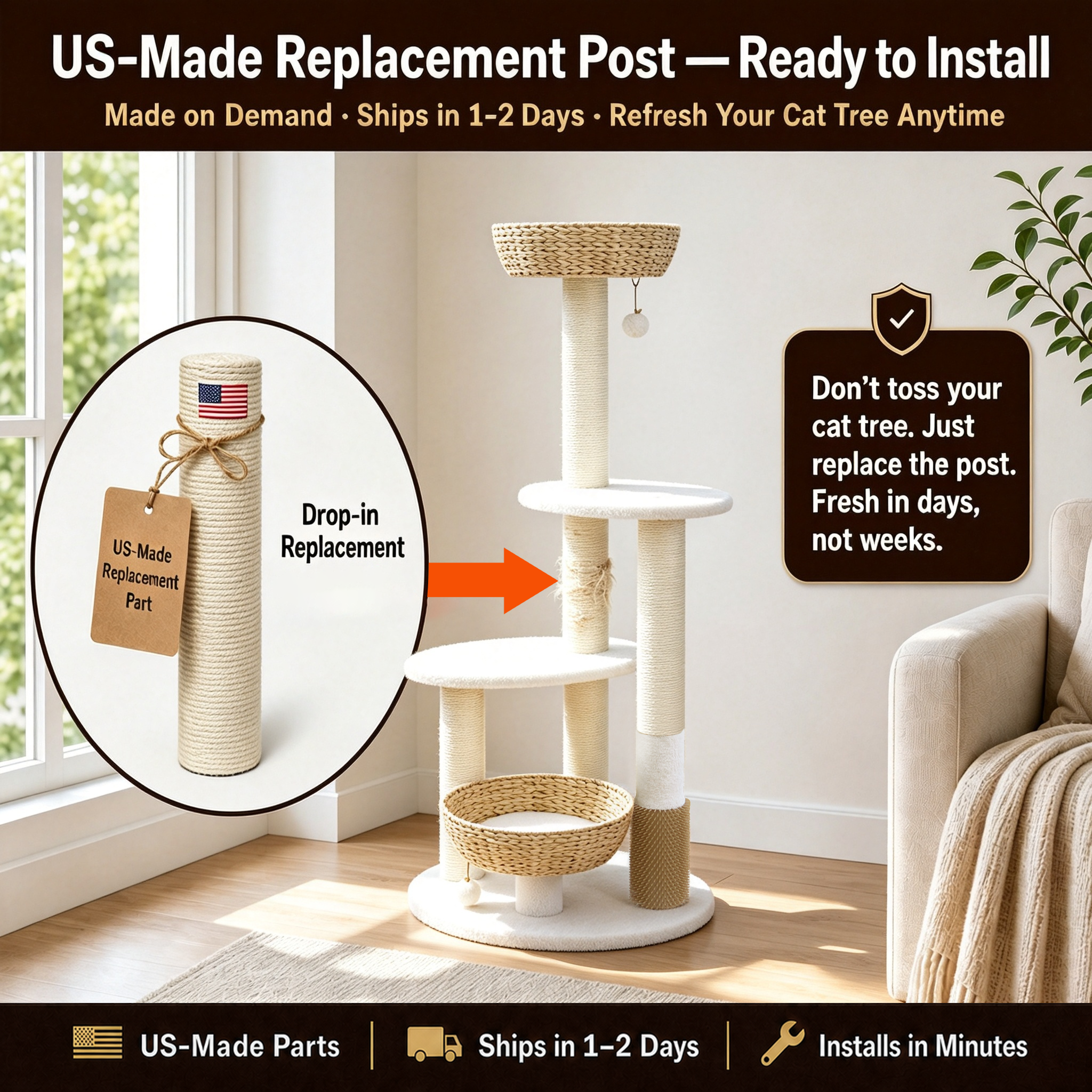 Cat tree displaying its replaceable scratching post.