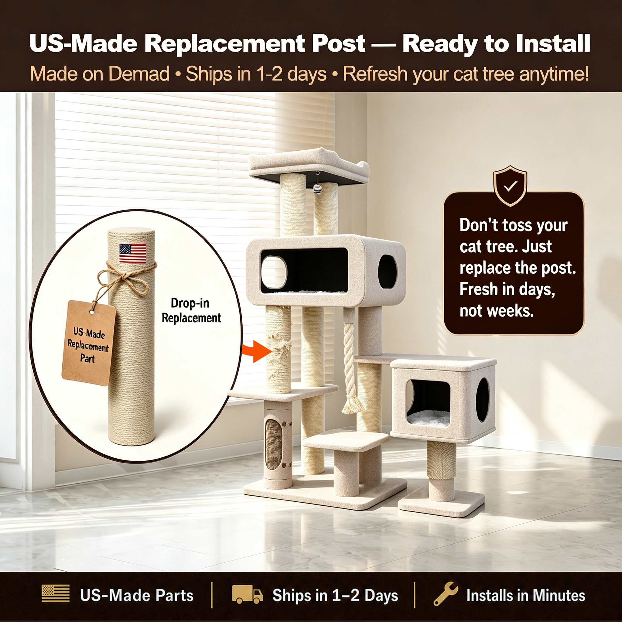 Cat tree displaying its replaceable scratching post.
