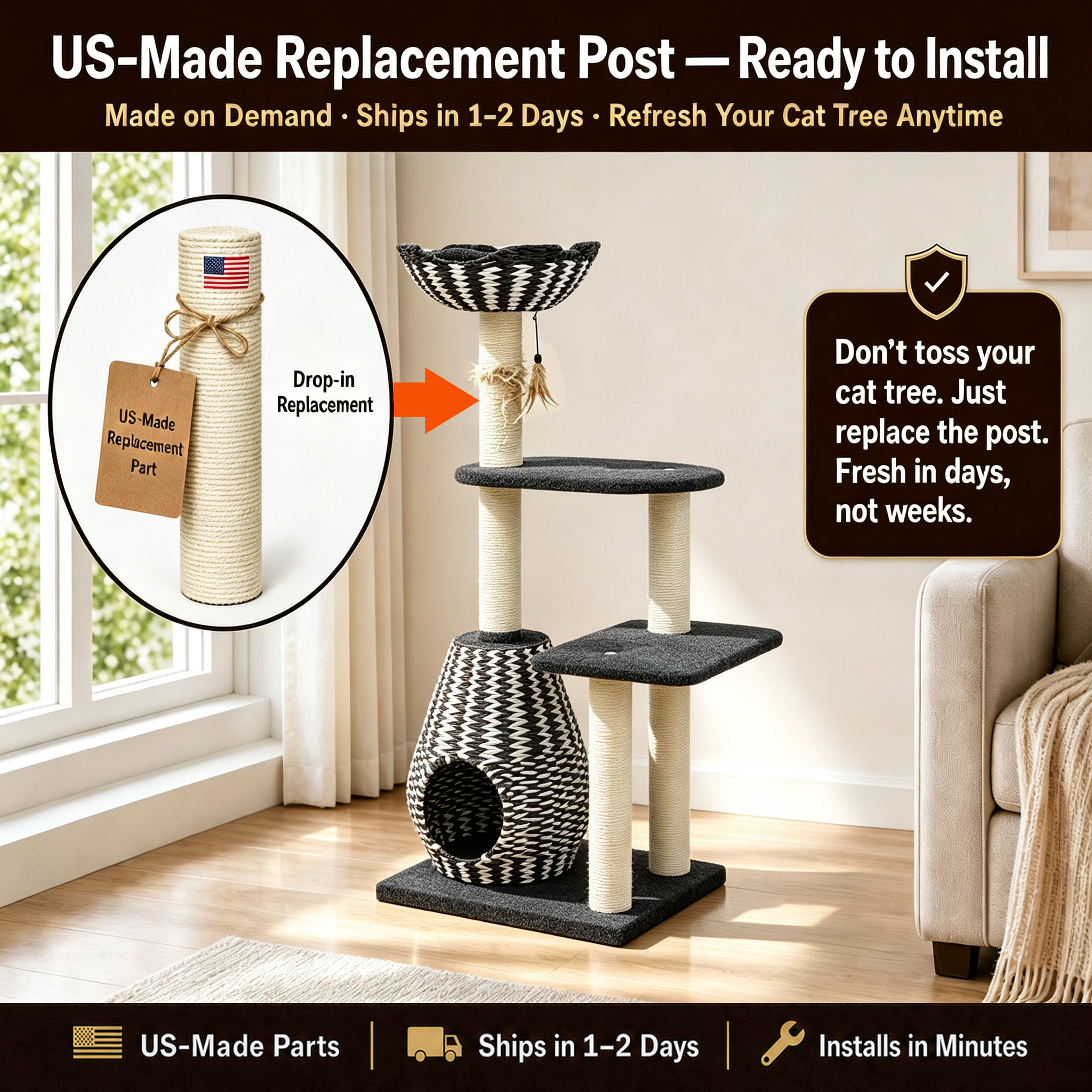 Cat tree displaying its replaceable scratching post.