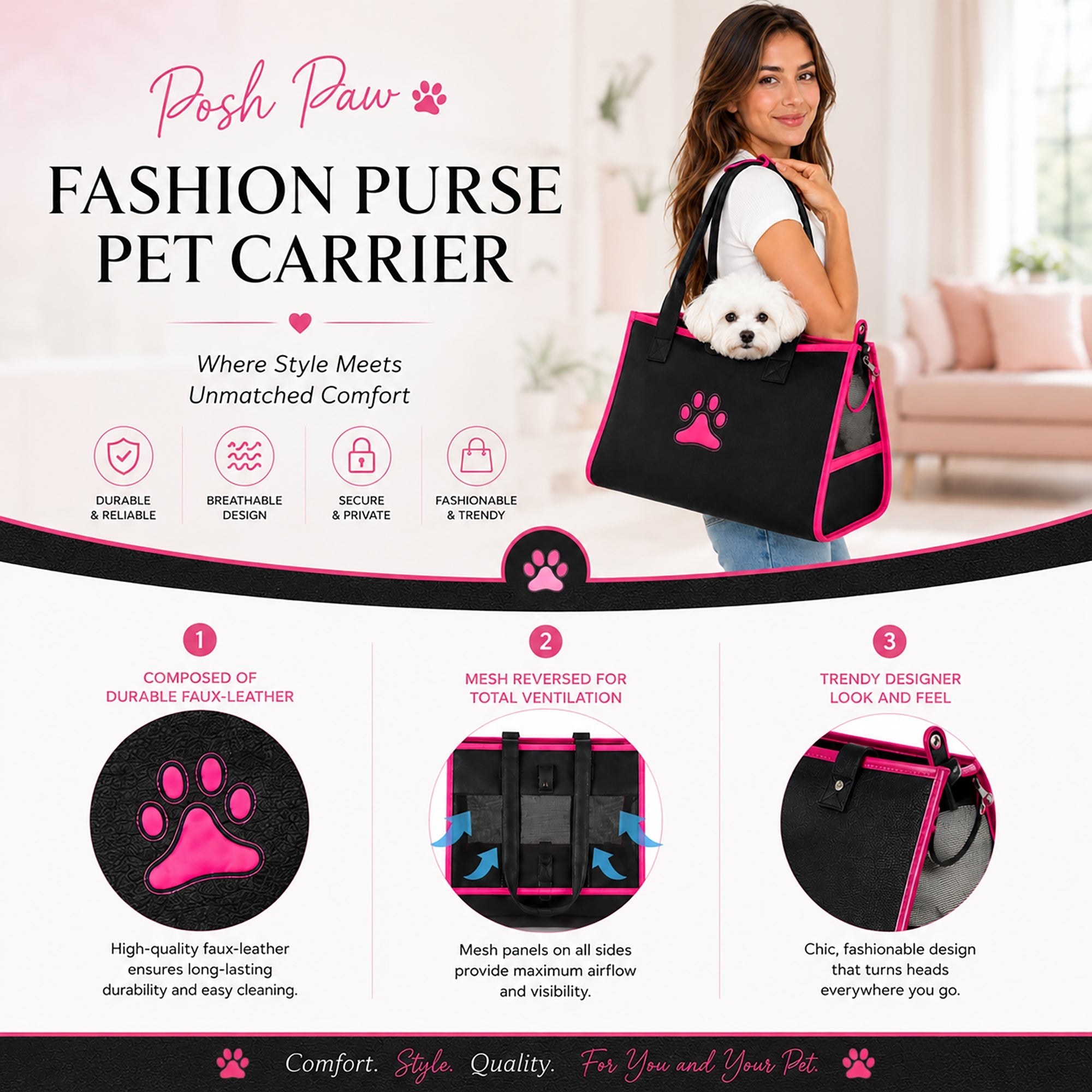 Pet Life ® 'Posh Paw' Elegant Leatherette Designer Fashion Travel Pet Dog Carrier Tote - Image 3