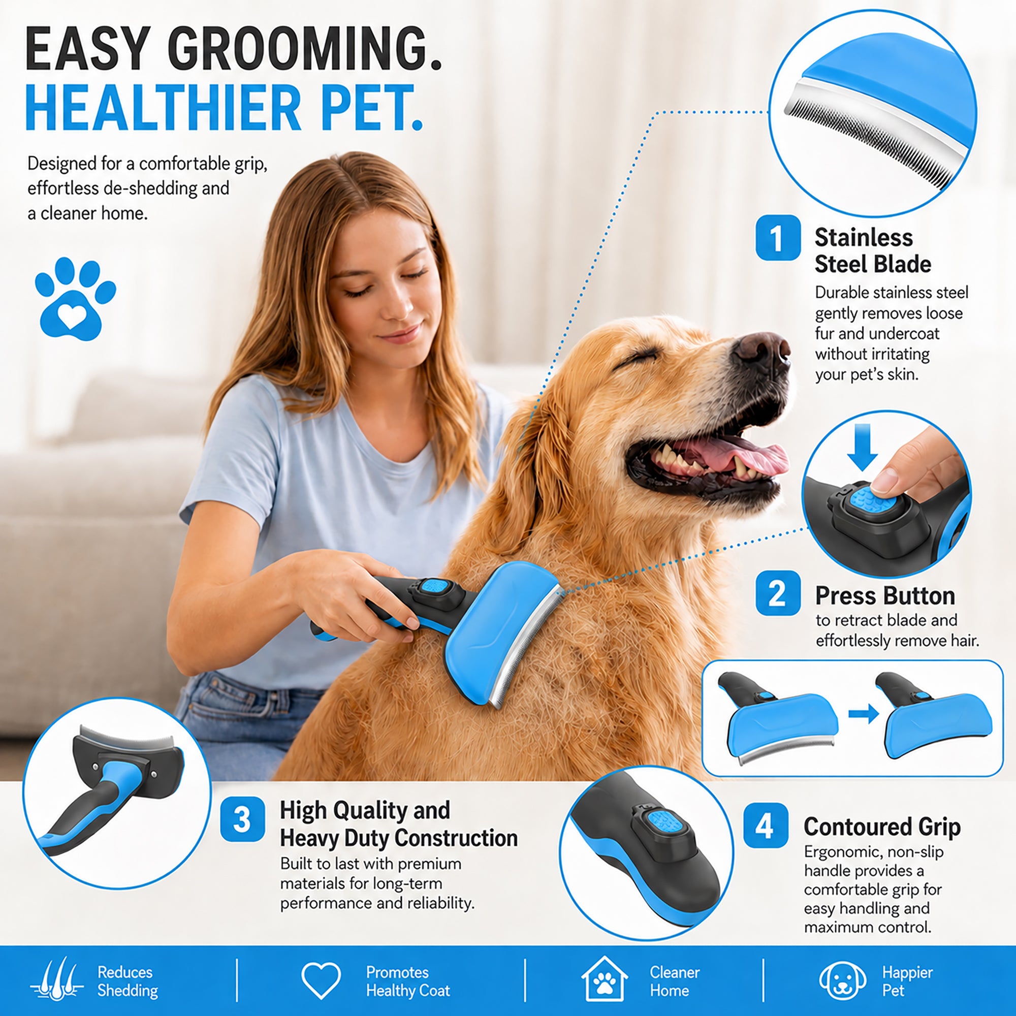 Pet Life ® 'Fur-Guard' Easy Self-Cleaning Grooming Deshedder Pet Comb - Image 3