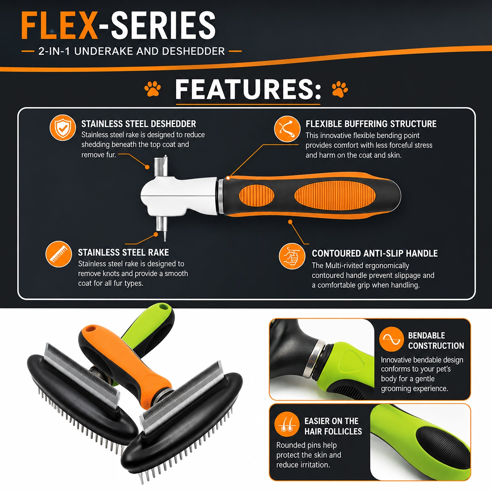 Pet Life ® Flex Series 2-in-1 Dual-Sided Grooming Undercoat Pet Rake and Deshedder - Image 4
