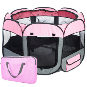 Pet Life ® 'All-Terrain' Lightweight Easy Folding Wire-Framed Collapsible Travel Pet Dog Playpen crate - Pink And Grey