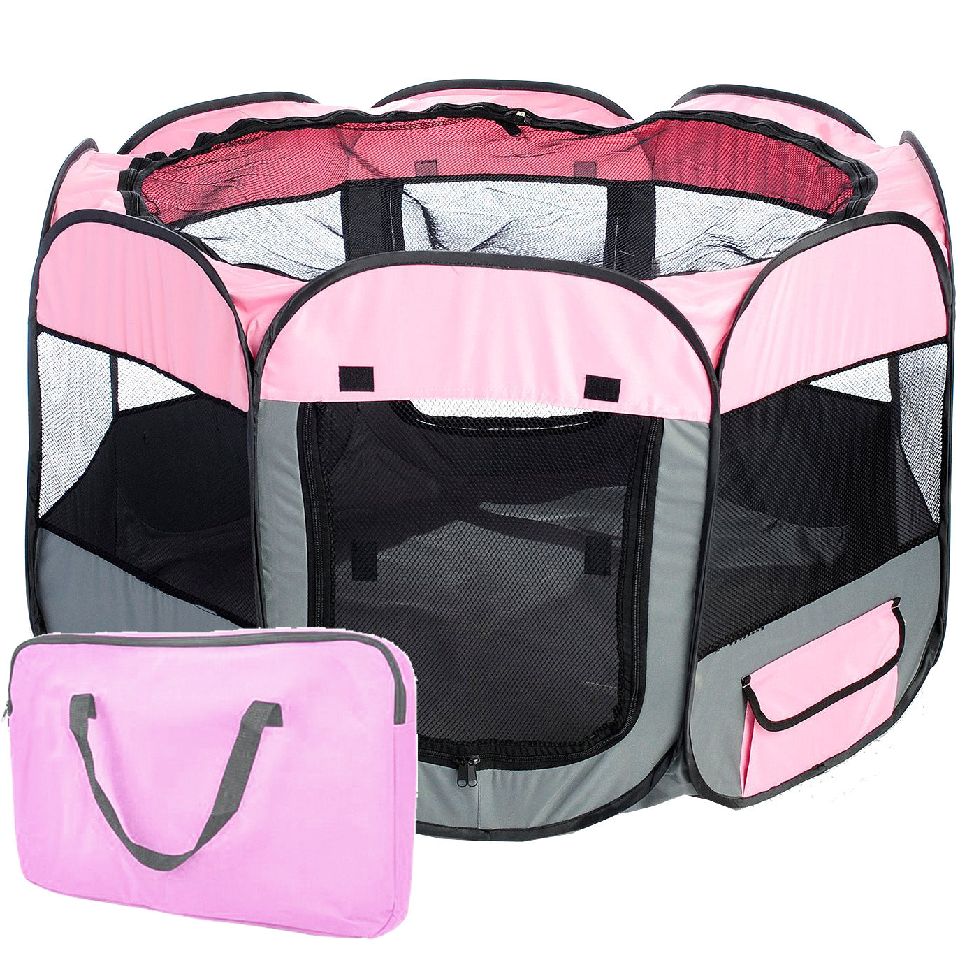 Pet Life ® 'All-Terrain' Lightweight Easy Folding Wire-Framed Collapsible Travel Pet Dog Playpen crate - Pink And Grey