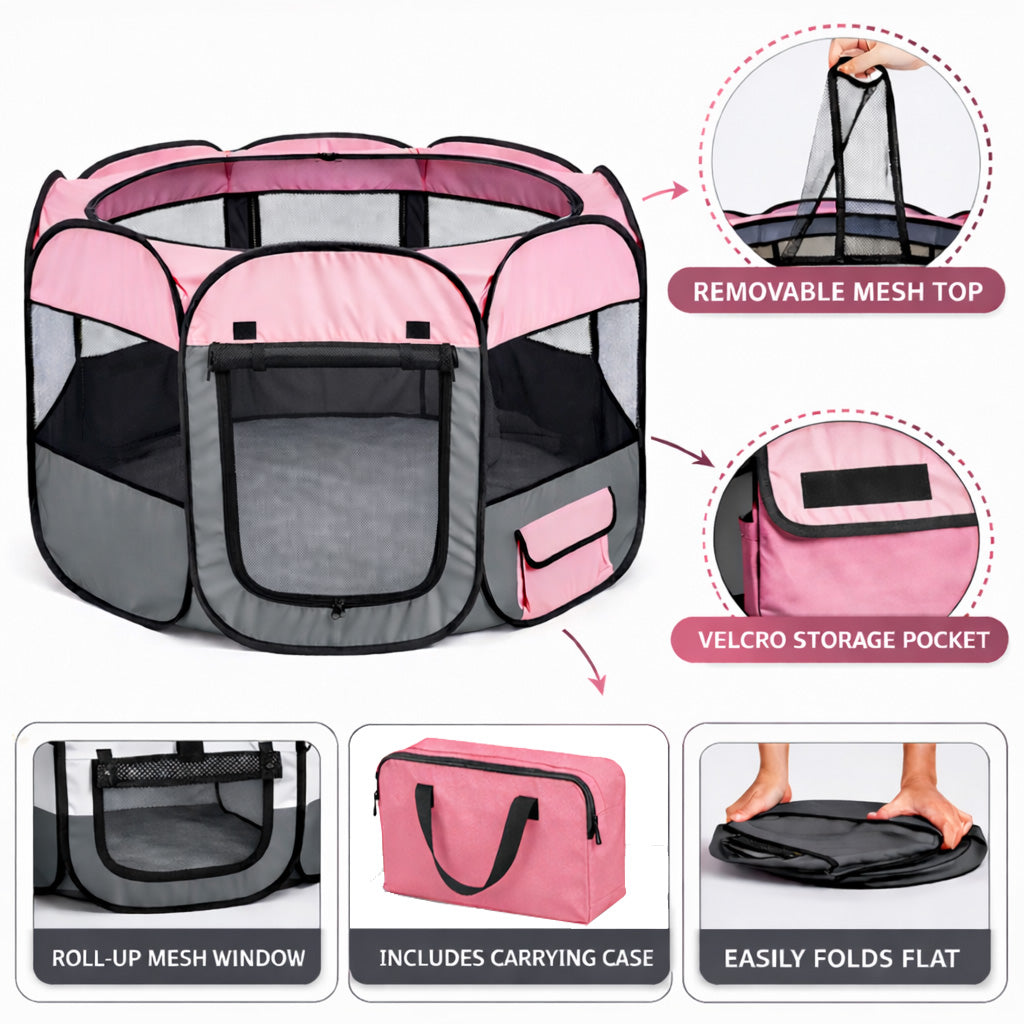 Pet Life ® 'All-Terrain' Lightweight Easy Folding Wire-Framed Collapsible Travel Pet Dog Playpen crate - Pink And Grey - Image 3