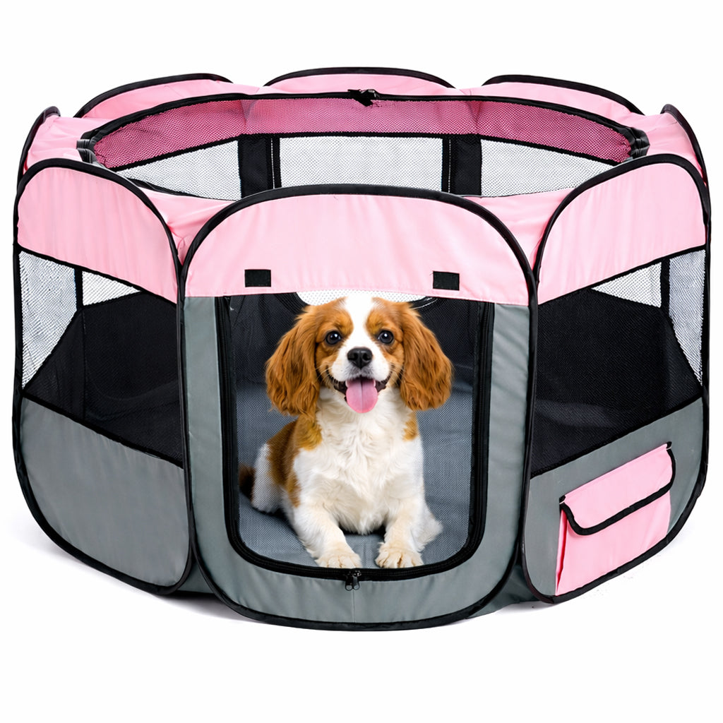 Pet Life ® 'All-Terrain' Lightweight Easy Folding Wire-Framed Collapsible Travel Pet Dog Playpen crate - Pink And Grey - Image 4