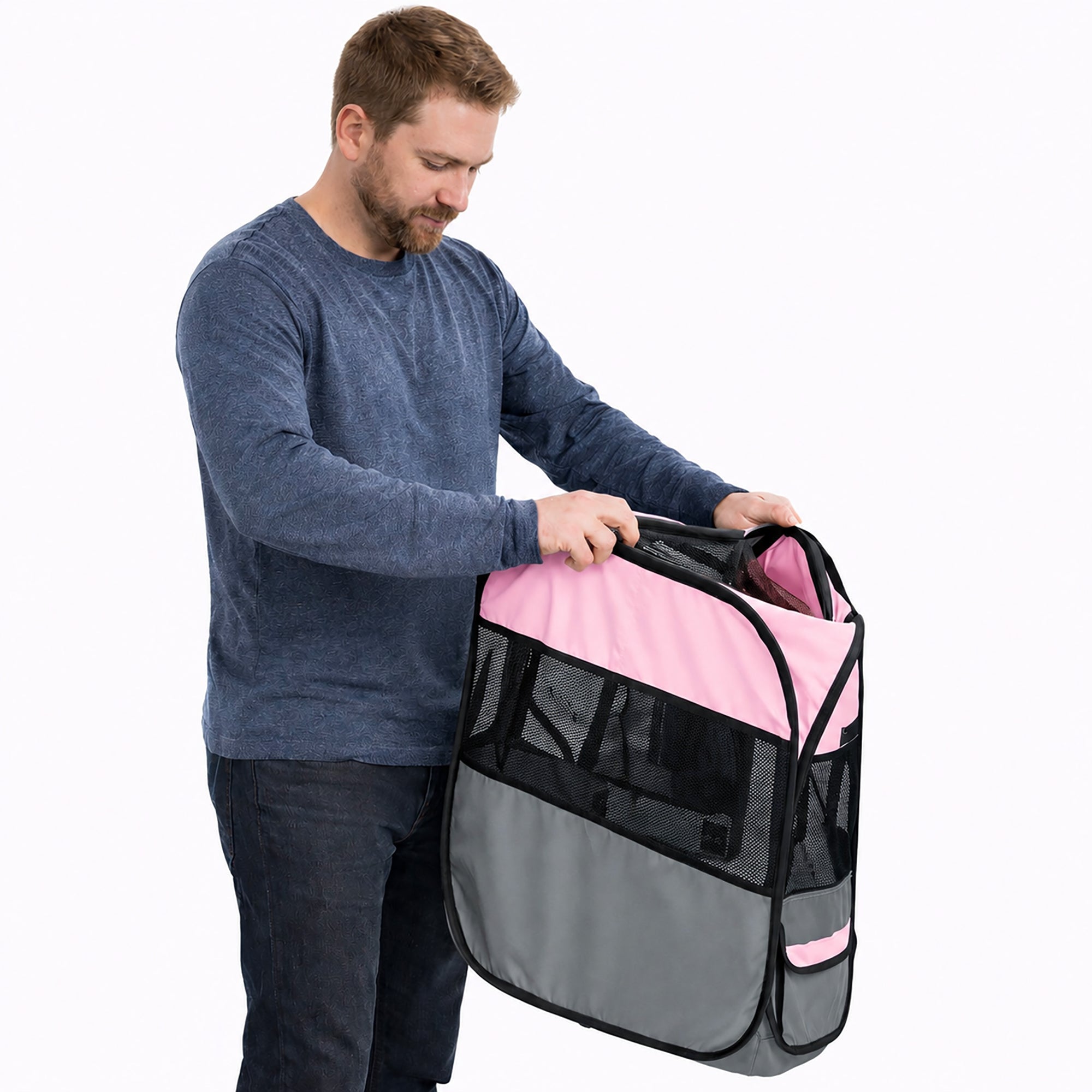 Pet Life ® 'All-Terrain' Lightweight Easy Folding Wire-Framed Collapsible Travel Pet Dog Playpen crate - Pink And Grey - Image 5