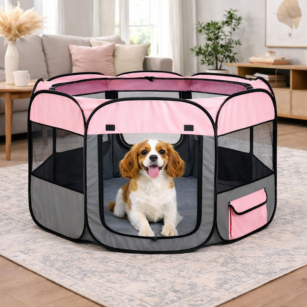 Pet Life ® 'All-Terrain' Lightweight Easy Folding Wire-Framed Collapsible Travel Pet Dog Playpen crate - Pink And Grey - Image 6