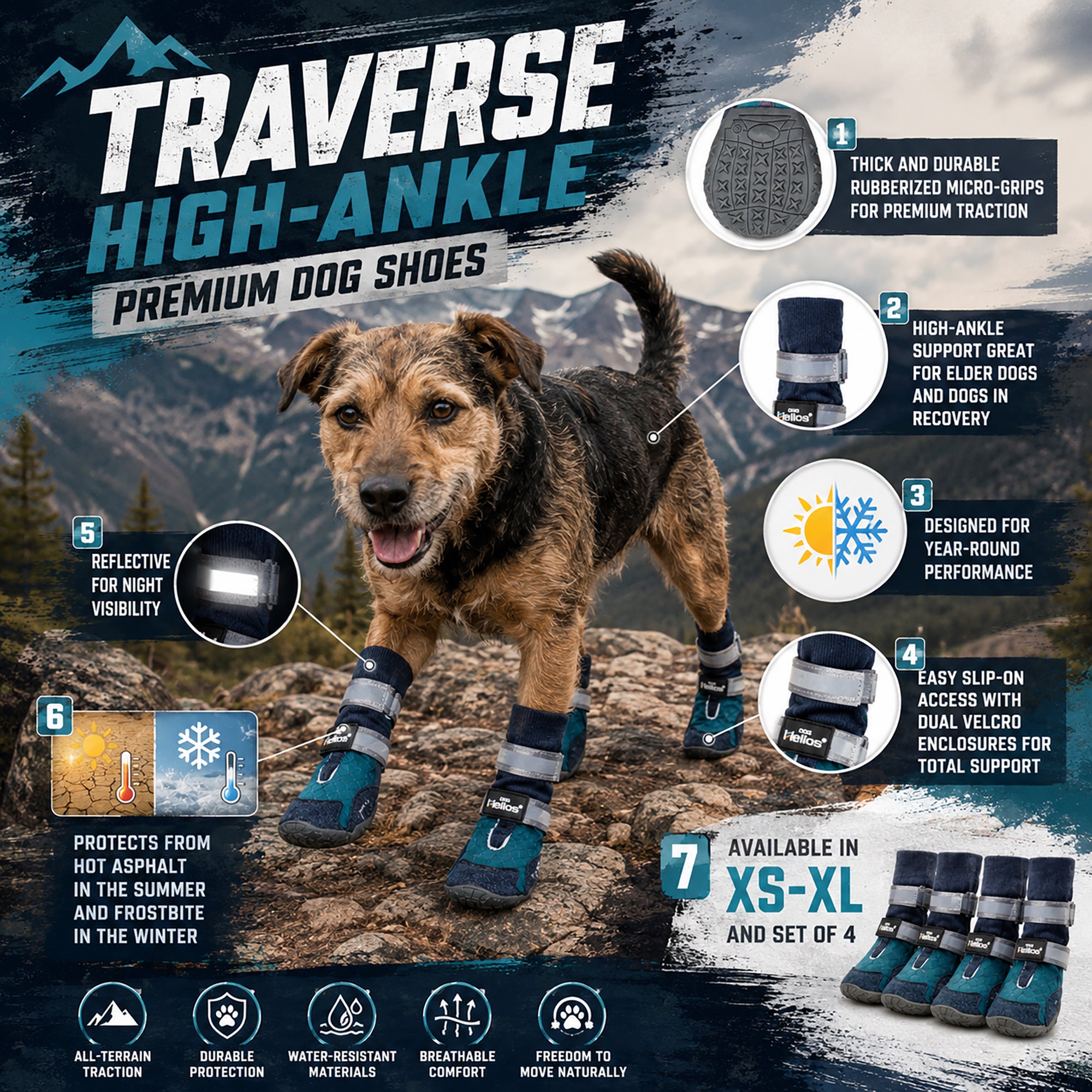 Dog Helios 'Traverse' Premium Grip High-Ankle Outdoor Dog Boots - Blue - Image 3