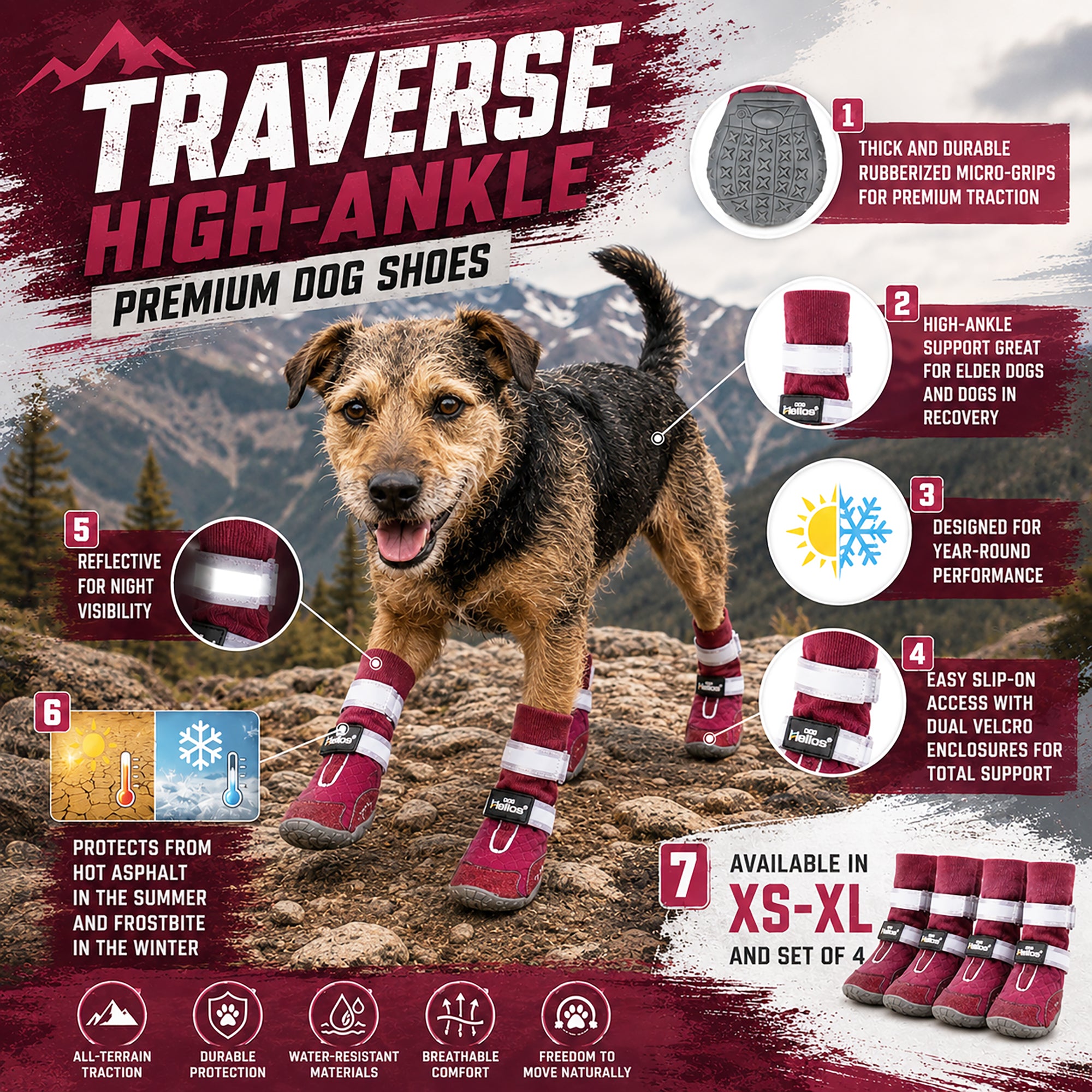Dog Helios 'Traverse' Premium Grip High-Ankle Outdoor Dog Boots - Red - Image 3