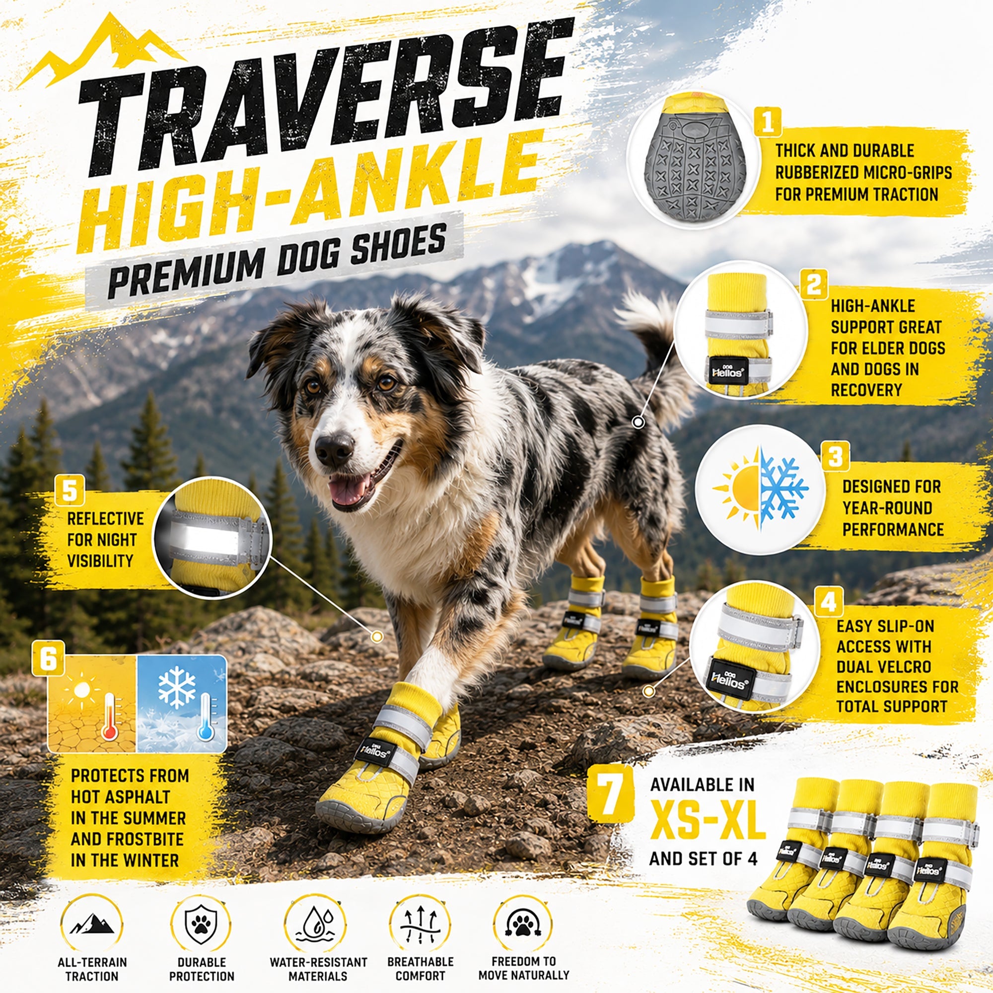 Dog Helios 'Traverse' Premium Grip High-Ankle Outdoor Dog Boots - Yellow - Image 3