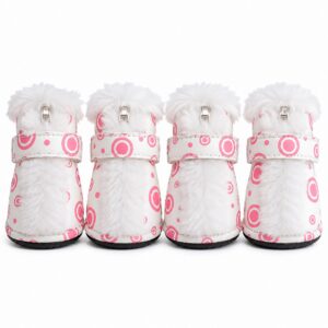Pet Life ® Fur-Comfort 3M Insulated Fashion Fur and PVC Waterproof Winter Dog Boots - Set of 4 - Pink & White