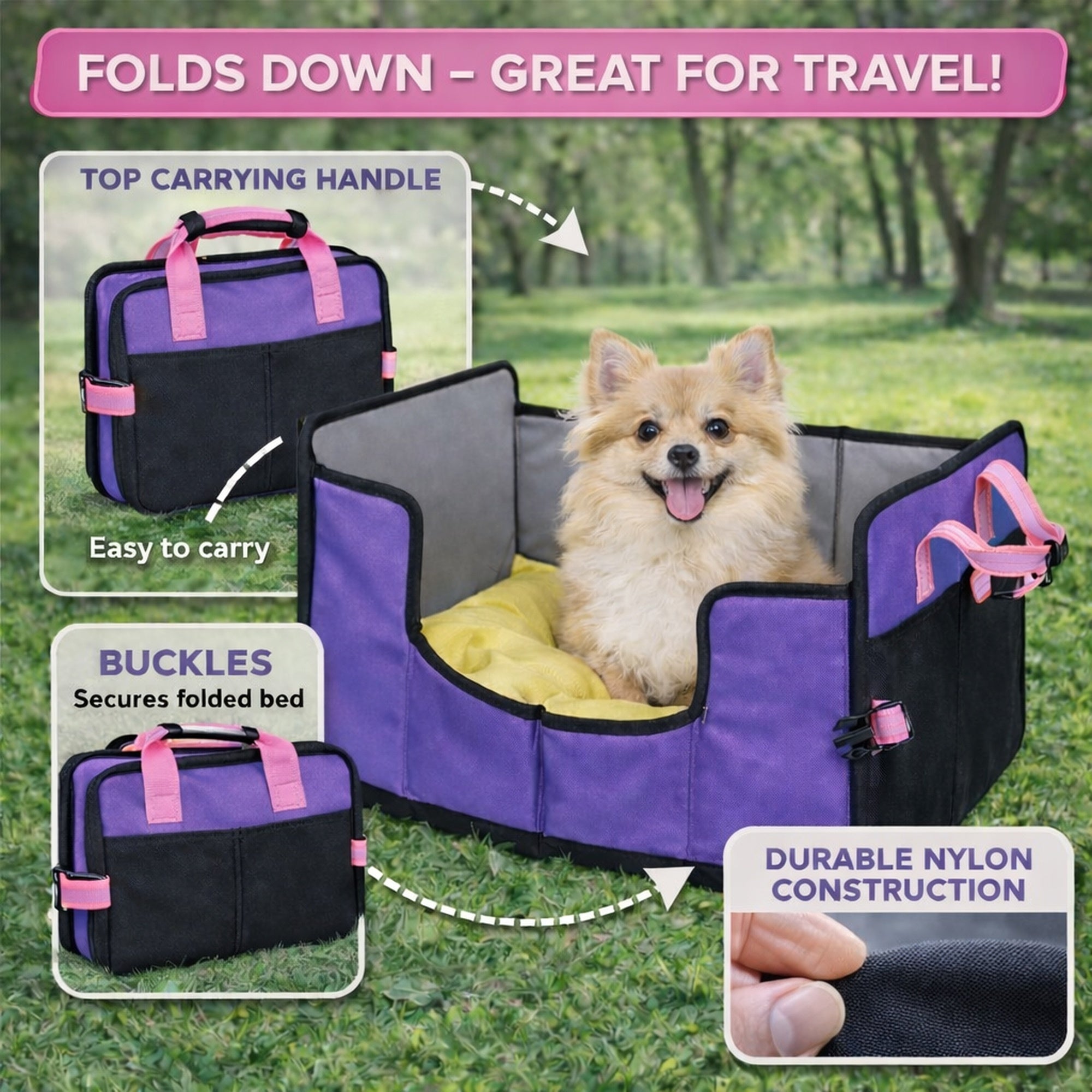 Pet Life ® 'Travel-Nest' Folding Travel Cat and Dog Bed - Purple, Pink - Image 3