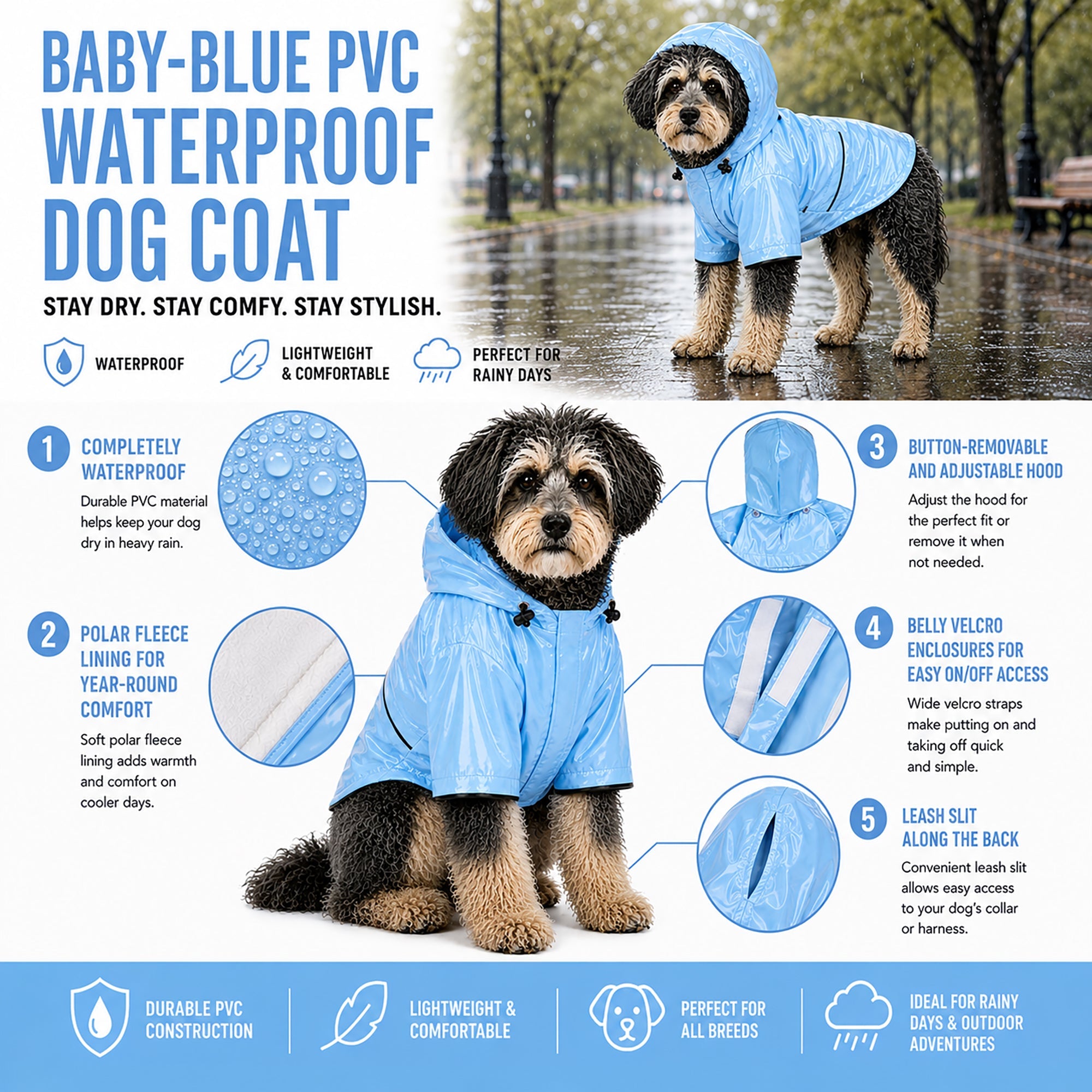 Pet Life ® 'Baby Blue' Waterproof Adjustable Dog Raincoat Jacket w/ Removable Hood - Image 4