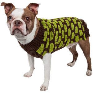 Pet Life ® Fashion Weaved Heavy Knit Designer Ribbed Turtle Neck Dog Sweater - Choco Brown And Neon Green