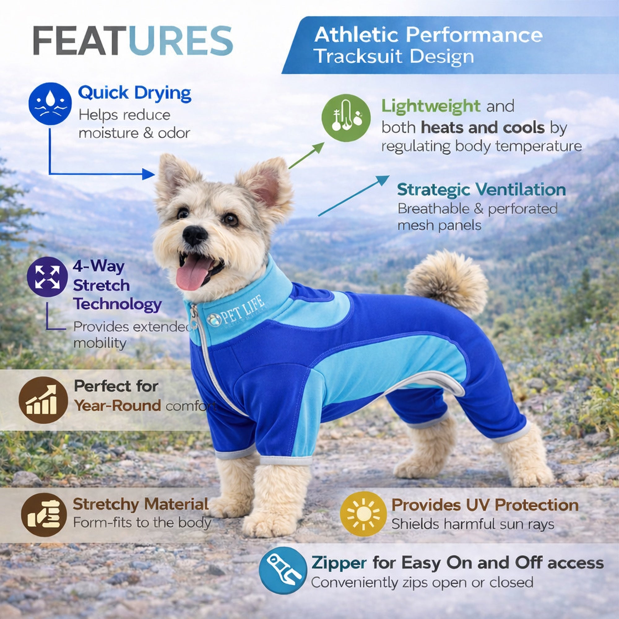 Pet Life ® Active 'Warm-Pup' Heathered Performance 4-Way Stretch Two-Toned Full Body Warm Up - Dark Blue / Light Blue - Image 3