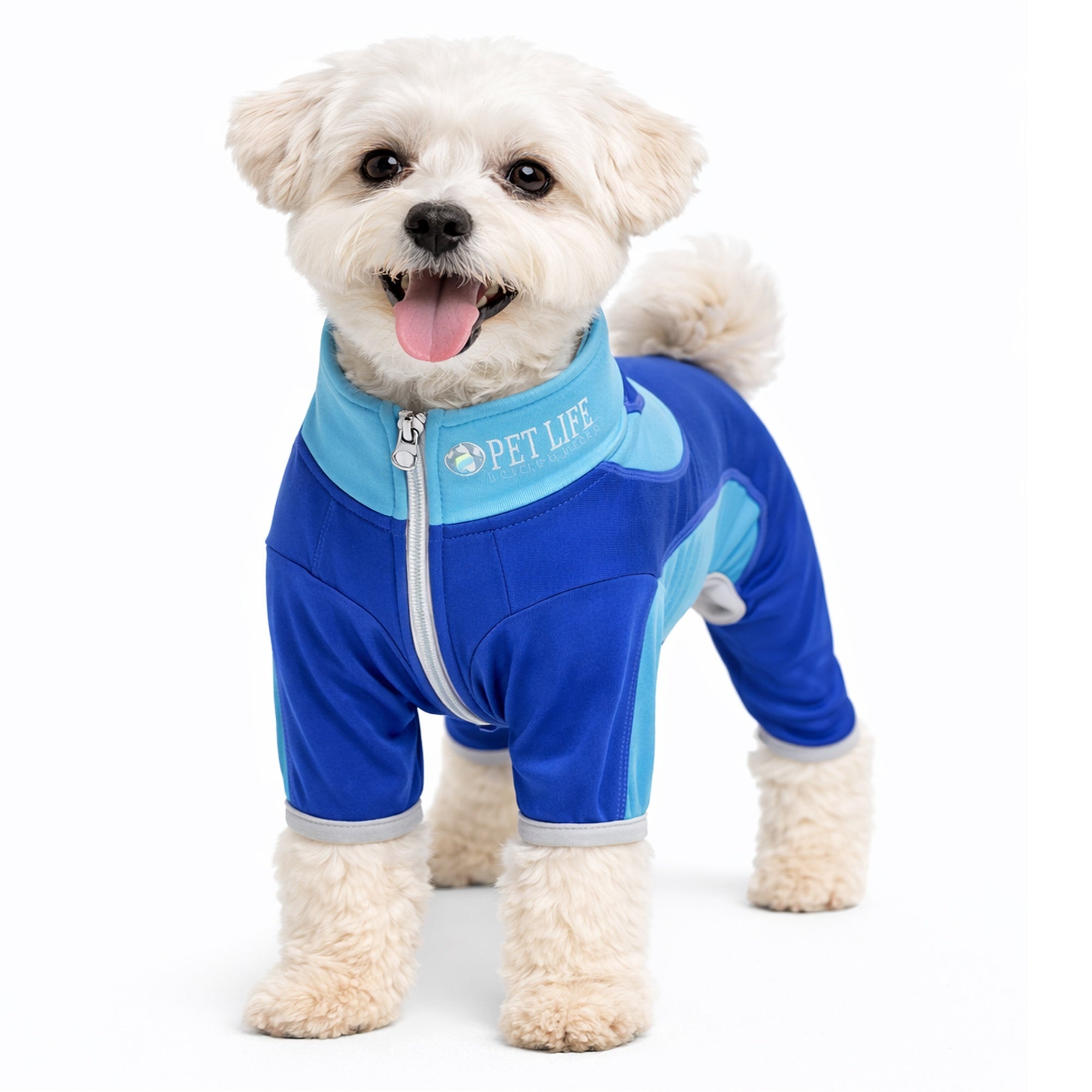 Pet Life ® Active 'Warm-Pup' Heathered Performance 4-Way Stretch Two-Toned Full Body Warm Up - Dark Blue / Light Blue - Image 4
