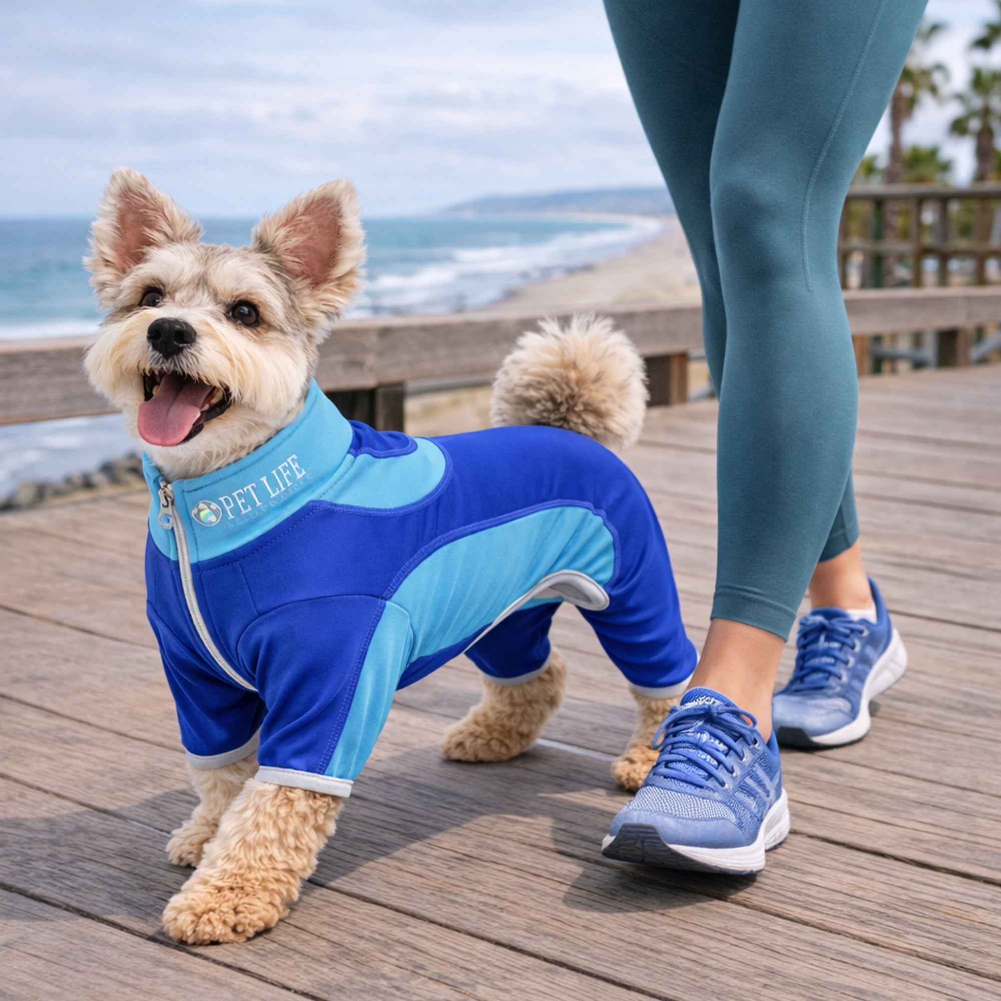 Pet Life ® Active 'Warm-Pup' Heathered Performance 4-Way Stretch Two-Toned Full Body Warm Up - Dark Blue / Light Blue - Image 7