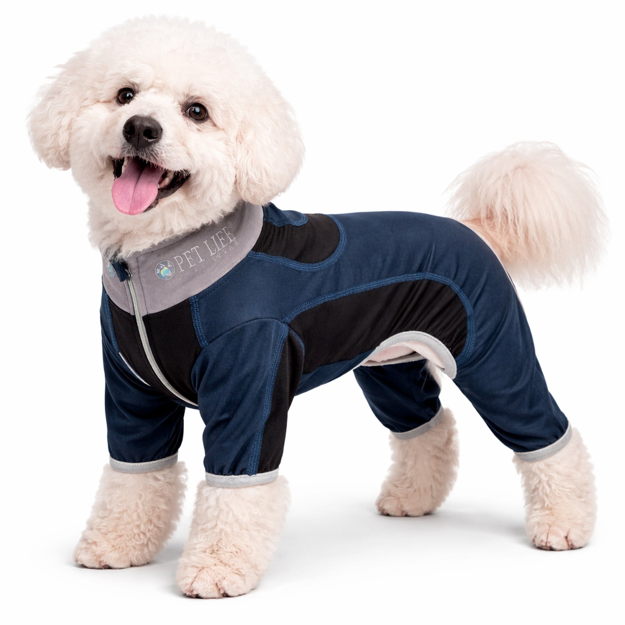 Pet Life ® Active 'Warm-Pup' Heathered Performance 4-Way Stretch Two-Toned Full Body Warm Up - Navy and Black