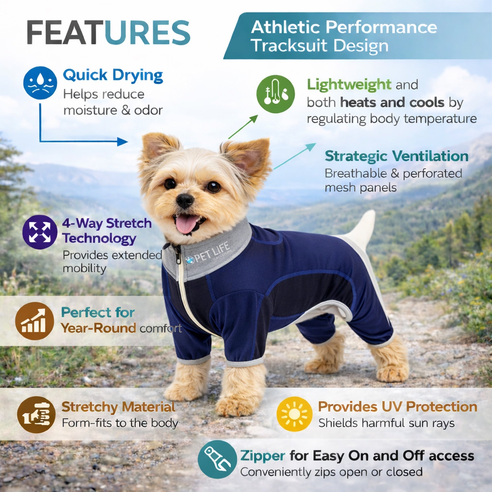 Pet Life ® Active 'Warm-Pup' Heathered Performance 4-Way Stretch Two-Toned Full Body Warm Up - Navy and Black - Image 3