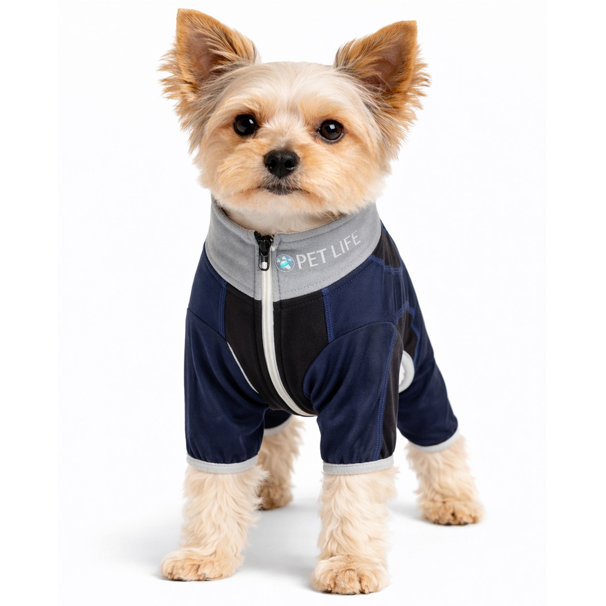 Pet Life ® Active 'Warm-Pup' Heathered Performance 4-Way Stretch Two-Toned Full Body Warm Up - Navy and Black - Image 4