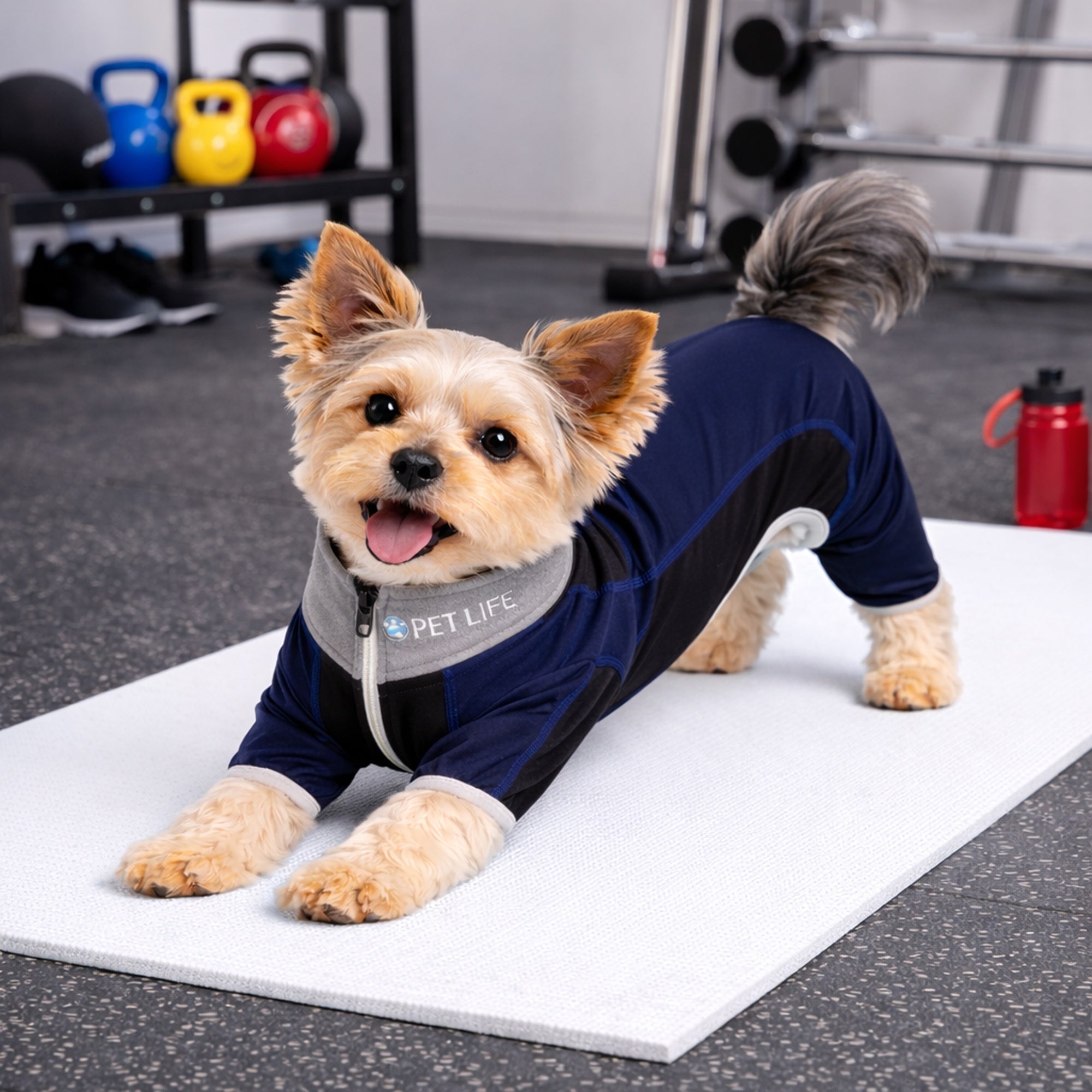 Pet Life ® Active 'Warm-Pup' Heathered Performance 4-Way Stretch Two-Toned Full Body Warm Up - Navy and Black - Image 6