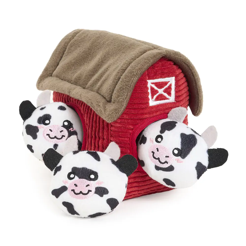 ZippyPaws Burrow Cow Barn Interactive Plush Dog Toy