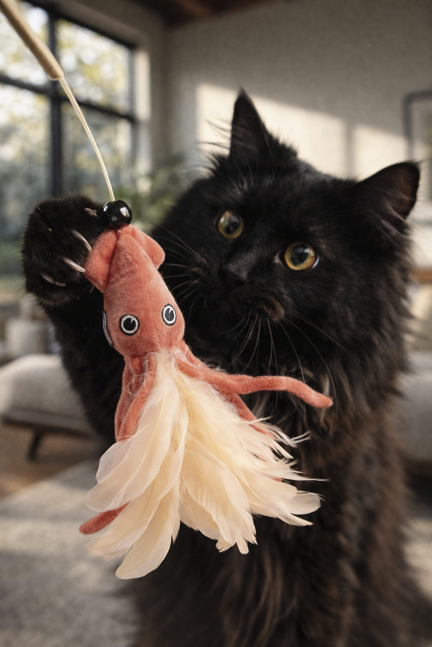 cat playing with houndstone squid cat teaser wand toy